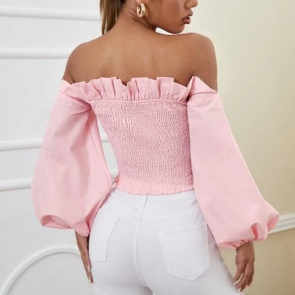 Off Shoulder Ruffle Trim Shirred Long sleeved Crop Blouse Pink - Picture 5 of 5